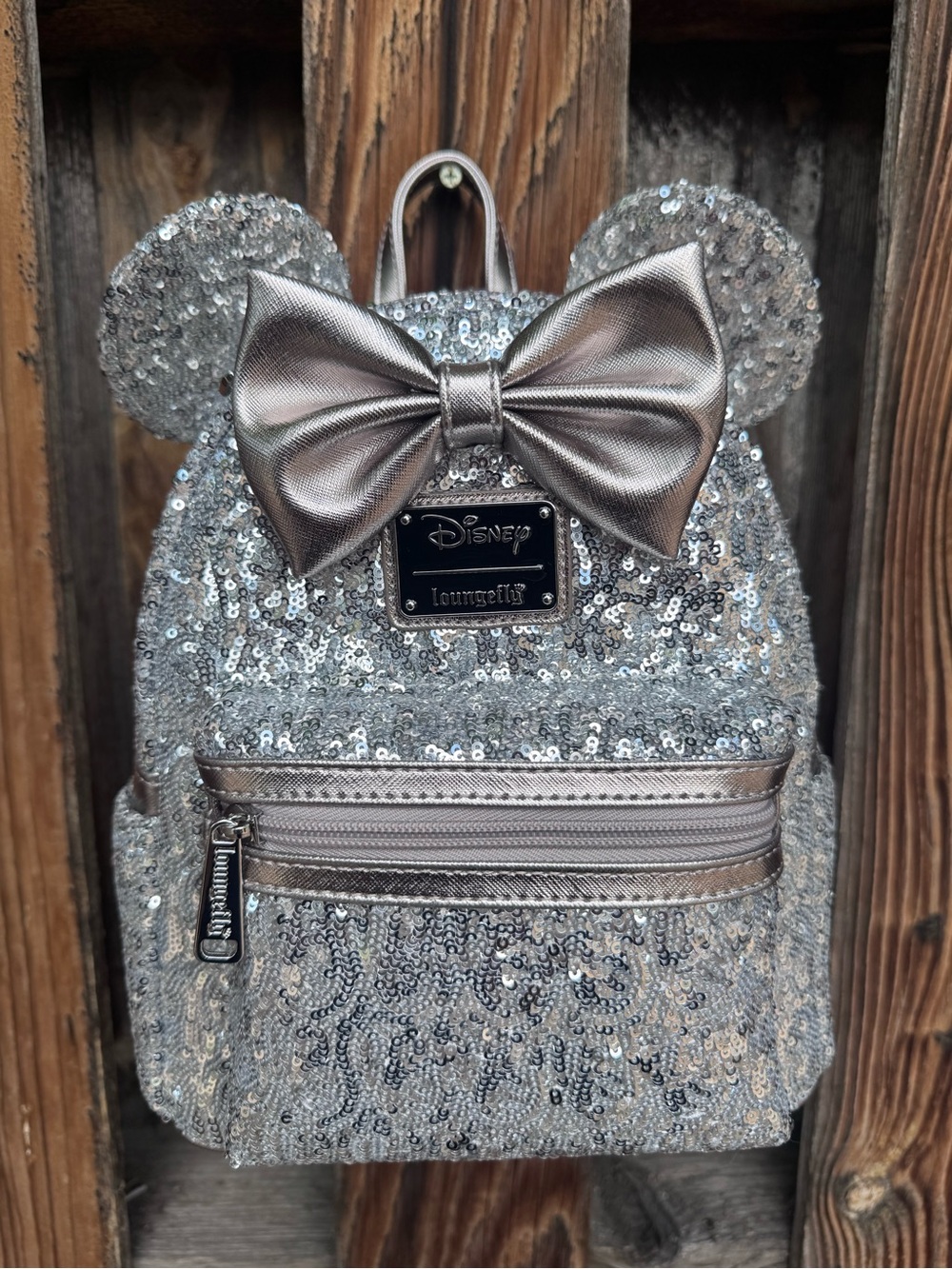 Loungefly Kids Silver Sequin Mini Backpack with Metallic Bow and Ears